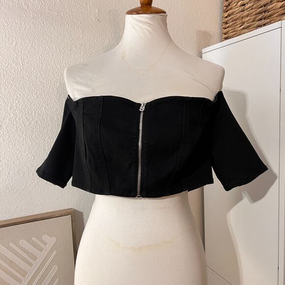 True Religion Tops - True Religion Womens Black Zipper Off Shoulder Cropped Top Sz XL NWT Y2K